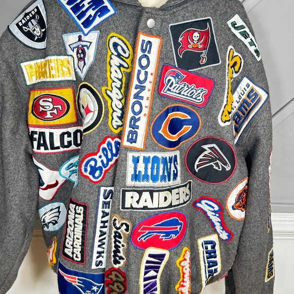 NFL Patches Leather-Trimmed Wool Jacket - Reebok-Jeff Hamilton Design Size XL - Picture 2 of 9